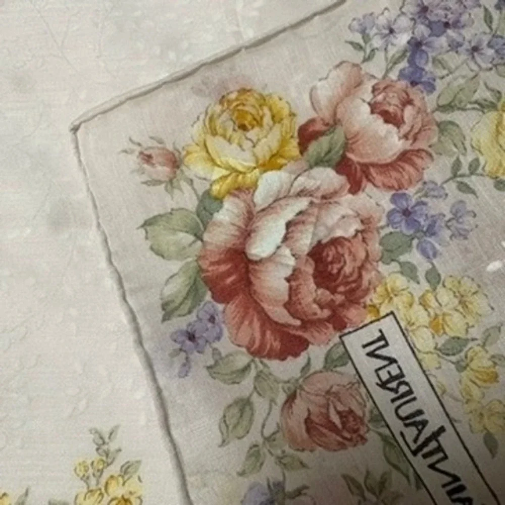 Vtg YVES SAINT LAURENT Scarf Handkerchief Floral Cotton Cream Pink Yellow 18.5